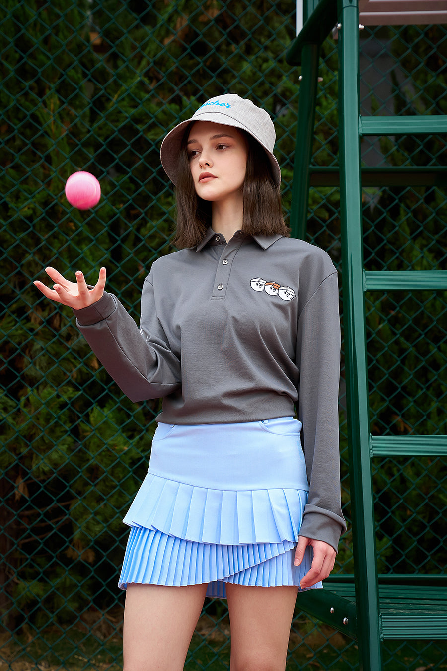 Oversize Long Sleeve Polo & Double-Layer Pleated Skirt