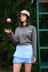 Oversize Long Sleeve Polo & Double-Layer Pleated Skirt